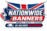 A promotional graphic for Nationwide Banners, showing a printed plastic banner design with a Union Jack flag background, a dark blue silhouette of the UK map, and large white text reading 'NATIONWIDE BANNERS.' Smaller text says 'PRINTED • EYELETS • DELIVERED' and 'UK DELIVERY NATIONWIDE,' with a delivery truck icon.