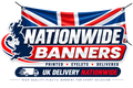 A promotional graphic for Nationwide Banners, showing a printed plastic banner design with a Union Jack flag background, a dark blue silhouette of the UK map, and large white text reading 'NATIONWIDE BANNERS.' Smaller text says 'PRINTED • EYELETS • DELIVERED' and 'UK DELIVERY NATIONWIDE,' with a delivery truck icon.