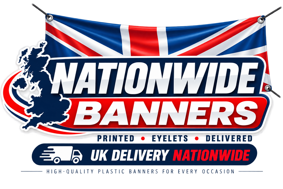 A promotional graphic for Nationwide Banners, showing a printed plastic banner design with a Union Jack flag background, a dark blue silhouette of the UK map, and large white text reading 'NATIONWIDE BANNERS.' Smaller text says 'PRINTED • EYELETS • DELIVERED' and 'UK DELIVERY NATIONWIDE,' with a delivery truck icon.