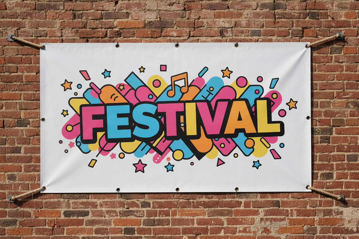 A rectangular white banner printed with the word "FESTIVAL" in bold multicolored letters and playful confetti, stars, and geometric shapes, hanging against a red-brown brick wall.