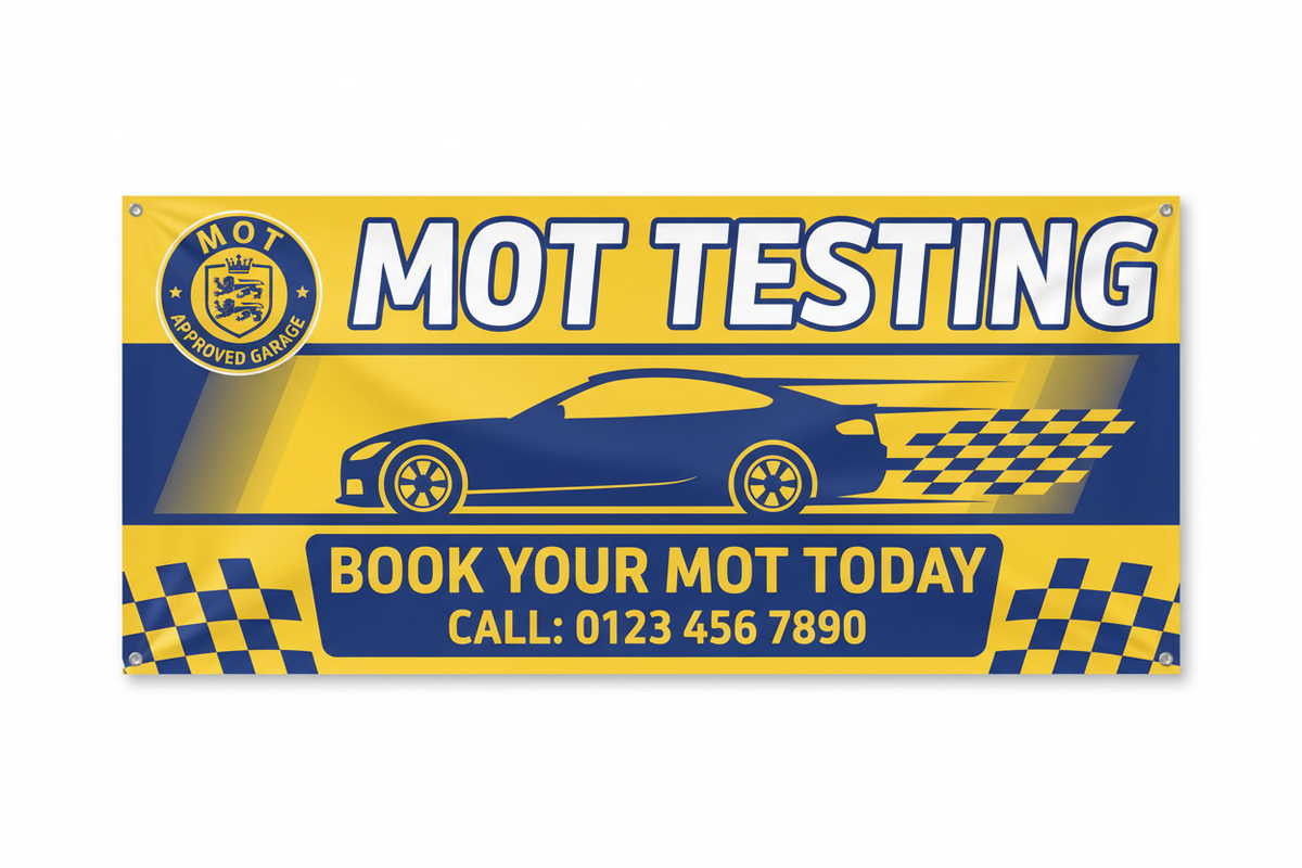 A rectangular promotional banner for MOT testing, featuring a yellow and blue design with a car silhouette, checkered flags, and the text 'MOT TESTING' and 'BOOK YOUR MOT TODAY CALL: 0123 456 7890'.