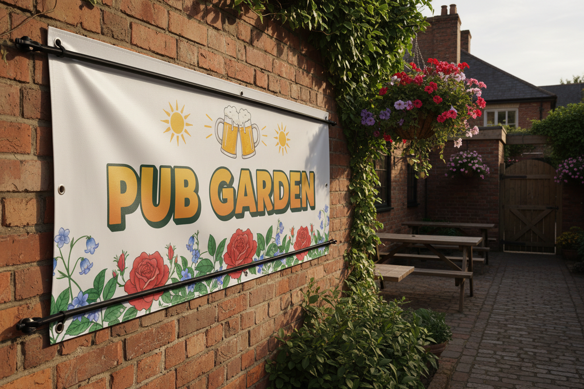 A rectangular white banner hanging on a red brick wall in an outdoor garden setting. The banner reads “PUB GARDEN” in large yellow letters with green outlines, decorated with yellow suns, two clinking beer mugs, and floral illustrations including red roses and blue flowers.