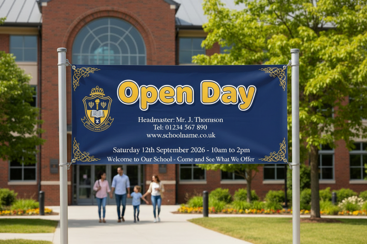 A large blue 'Open Day' banner with gold decorative corners and school crest is displayed on silver flagpoles in front of a brick school building with a family walking in the background.