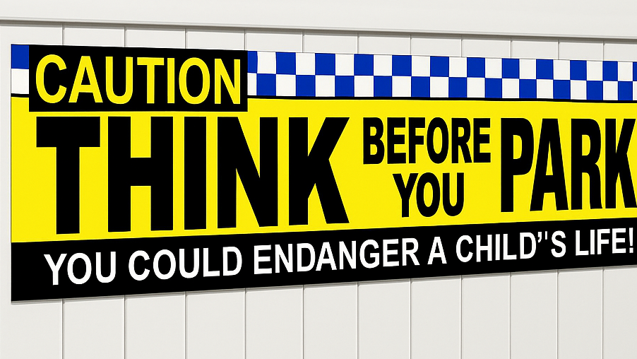 A rectangular warning sign mounted on a white fence outdoors. The sign reads “CAUTION THINK BEFORE YOU PARK YOU COULD ENDANGER A CHILD’S LIFE!” with a yellow background, black text, and blue-and-white checkered stripes near the top.